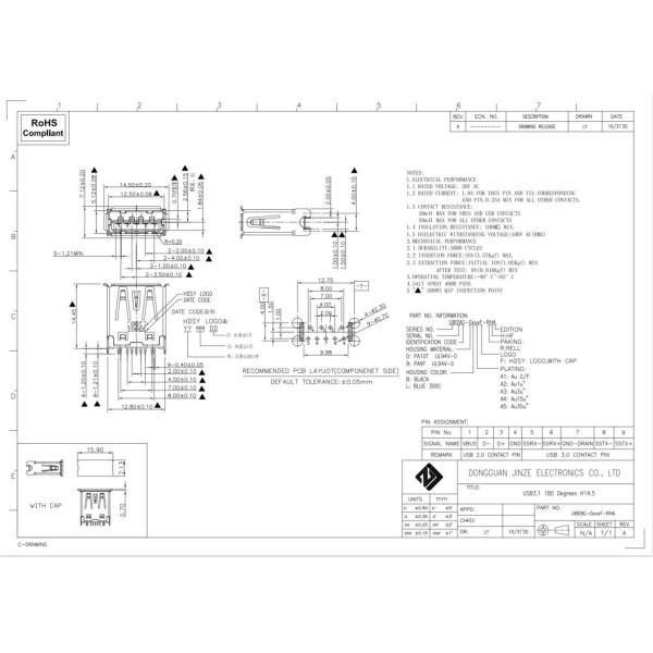 15u" PA10T USB3.1 Micro USB Pcb Socket Pin Out Female H14.5mm