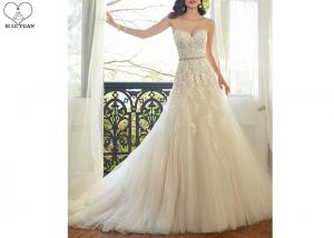 China Waist Beading Tulle A Line Bridal Gowns , Foliage Lace Strapless Wedding Gown on sale
