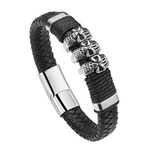 China Customization fashion jewelry black leather bracelet magnetic stainless steel bracelet factory