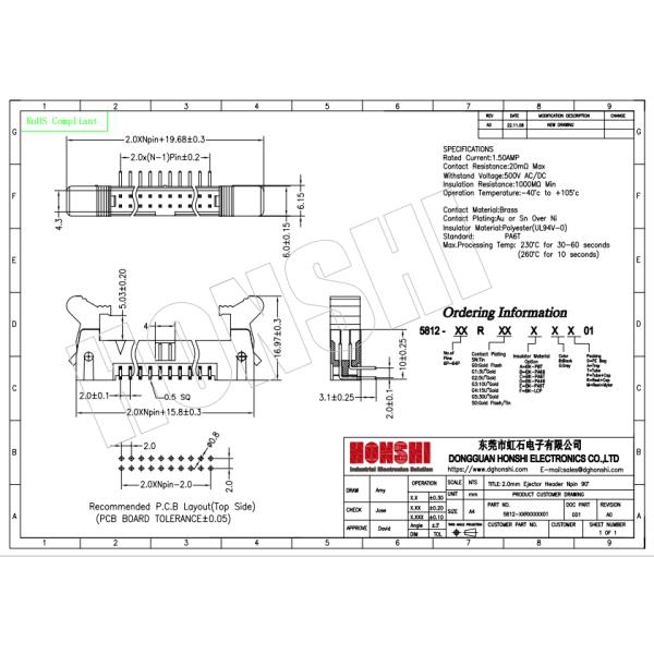 2.0mm Pitch DC2 Wire To Board Connector Right Angle Dip IDC Socket Male Connector