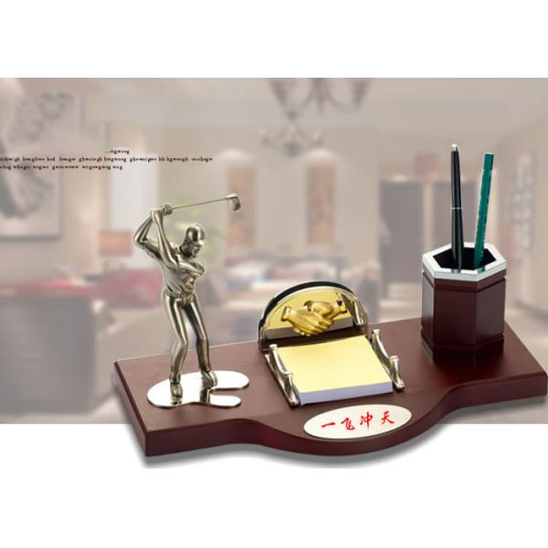 Wooded Base Golf Trophy Cup Multi Functional With Pen Container & Clock