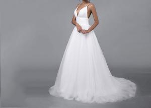 China Tulle Simple A Line Wedding Dresses Straps Deep V Neck Backless Pleating Zipper on sale