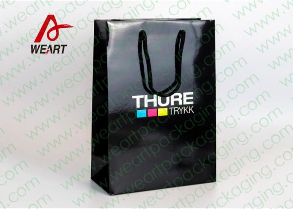China CMYK Logo Black Custom Paper Shopping Bags With Handle Glossy Lamination factory