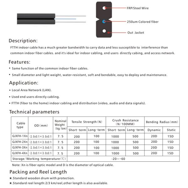 Fiber Optic FTTH Drop Cable 2.0*3.0 Mm Wide Operating Temperature Range