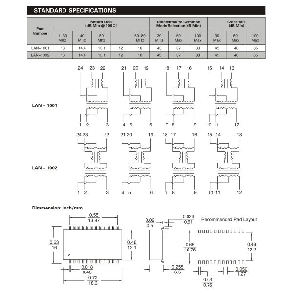 Electrical Ethernet LAN Transformer Full Duplex Compatible Low Insertion Loss