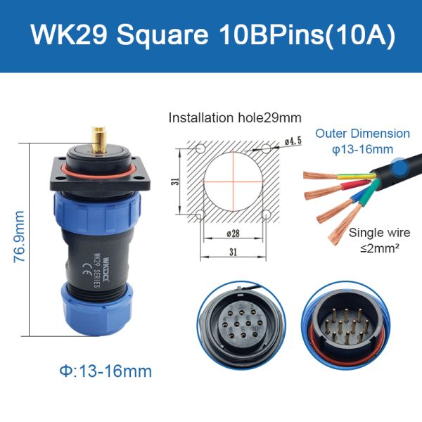 Circular Multipole Plug Socket Waterproof Connector Wk29 Square Threaded Cable Sp29