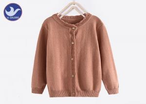 China Long Sleeves Girls Cardigan Sweaters Wavy Pointelle Neck Trim Buttons Up Knitwear on sale