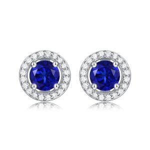 China Blue 925 Sterling Silver Zircon Round Gemstone Stud Earrings For Gift Giving factory