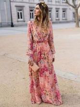 China Long Sleeve Floral Casual Dress OEM Polyester V Neck Maxi Dresses factory