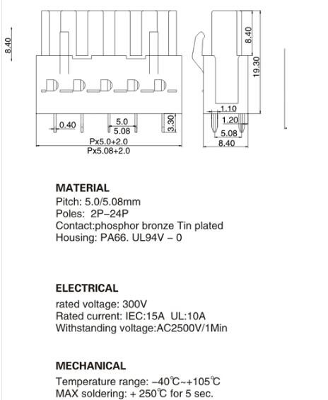 Stable 300V Pluggable PCB Terminal Block 5.0 / 5.08 Mm Connector