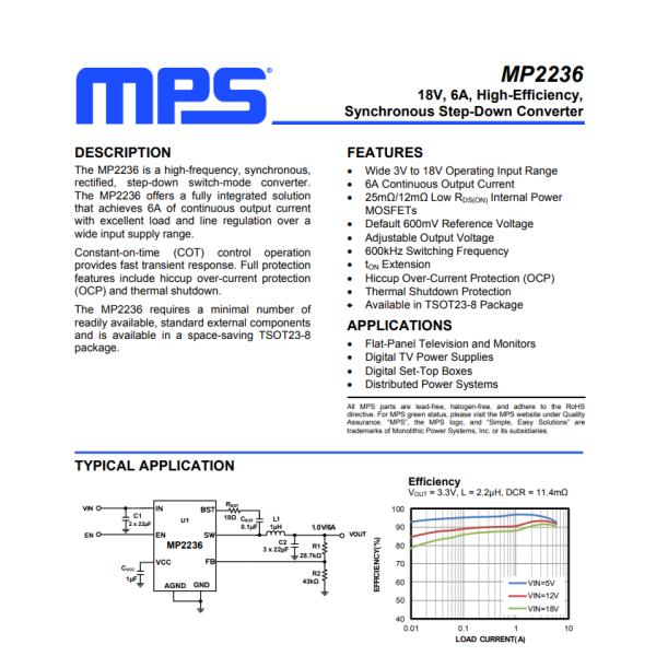 MP2236GJ-Z Buck Switching Regulator IC Positive Adjustable 0.6V 1 Output 6A SOT-23-8 Thin, TSOT-23-8