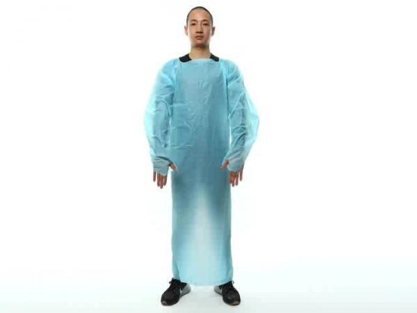 China Disposable Sterile Surgical Gowns , CPE Blue Plastic Isolation Gowns With Thumb Loop factory