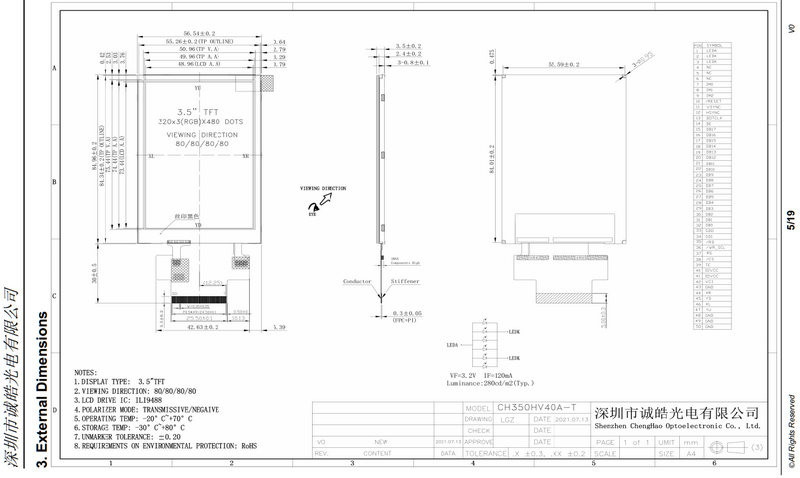 3.5" Resistive LCD Display 320x480 Resolution IPS TFT LCD Module