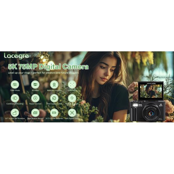 WD08 Digital Camera 5K 64MP UHD Cameras 18X Digital Zoom 180° Flip Screen Camera