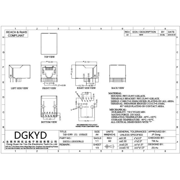 DGKYD111B085GWA1D Fast Ethernet Filter 8P8C Modular Network Interface RJ45 Without LED Without Shield DGKYD