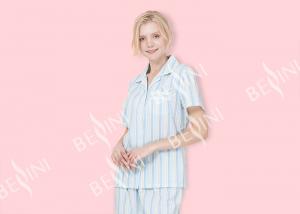 China Striped Ladies Short Sleeve Pajama Sets , Lace Trimmed Women