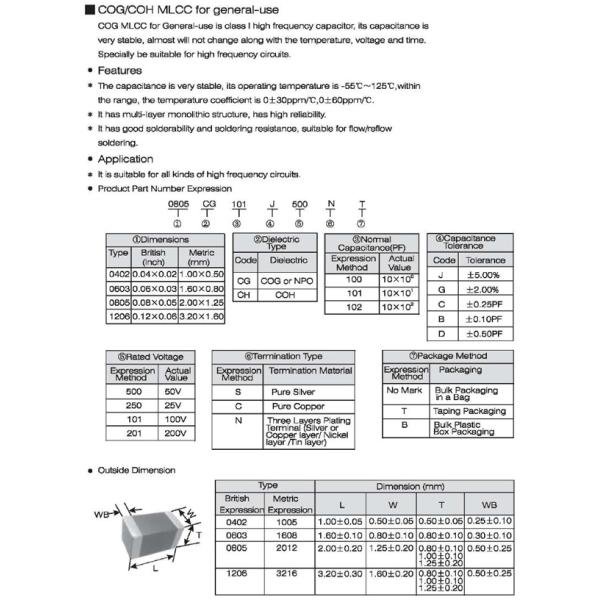 Soldering Resistance High Frequency Capacitor , Hi-Q COG / COH NPO SMD Ceramic Capacitor