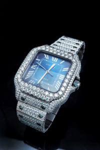 China OEM Blue Dial Iced Out Moissanite Watch Cartier Bussdown Watch factory