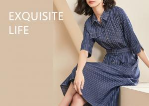China 100% Cotton Belted Denim Dress Stripe Denim Button Through Long Skirt Indigo Color factory