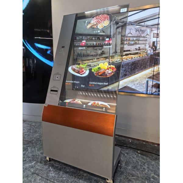55 Inch Transparent OLED Interactive Kiosk with Touch Function and 45% Light Transmittance for Smart Commercial Engagement