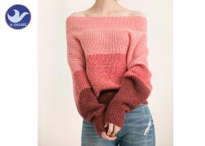 Sexy Off Shoulder Womens Knit Pullover Sweater , Pink Stripes Winter Knitted Jumpers