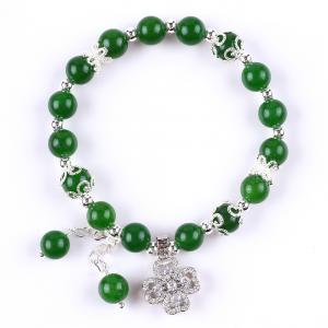 China 8MM Darker Green Jade Stone With Spinner Flower Charm Spiritual Healing Round Shape Stretch Bead Bracelet on sale