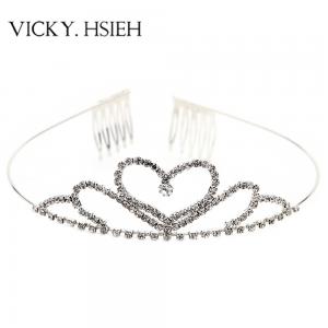 China VICKY.HSIEH Hot Sale Silver Tone Crystal Rhinestone Large Peach Heart Waving Crown Tiaras with Comb factory