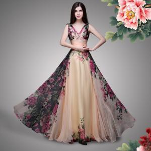 China Double Shoulder Straps Rose Print Flower Bridesmaid Dress Chiffon Bridesmaid Dress factory