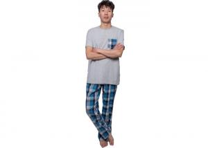 China Short Sleeve Long Pant Cotton Checked Pyjamas / Nightwear , Solid Top Checkered Pjs factory