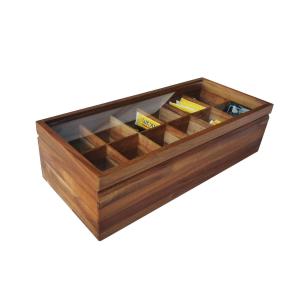 China Adjustable Flat Chest 12 Compartments Wooden Tea Bag Storage Box Glass Top on sale