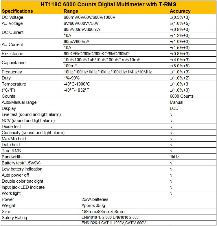 Habotest LCD Display Multimeter Digital Backlight AC DC Ammeter Voltmeter Ohm Hz T-RMS Battery Tester 6000 Counts HT118C