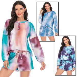 China Fashion Tie Dye Pajamas Two Piece Set Sleepwear Long Sleeve And Shorts Ladies Loungewear factory