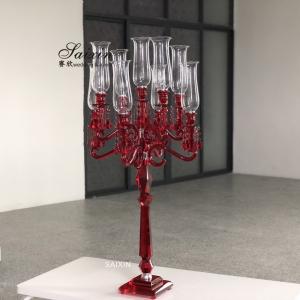 China 9 Arms 130cm Red Blue Hurricane Crystal Glass Candelabra Clear Wedding Table Centerpieces factory