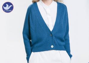 China Acrylic Wool Womens Knit Cardigan Sweaters , Blue Long Sleeve Cardigan Sweater factory