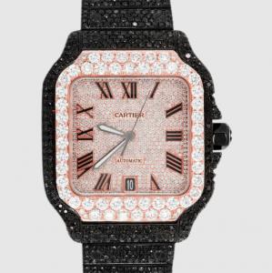China Scratch Resistant Black Iced Out Watch Square Dial Santos 40mm SS With Diamonds factory