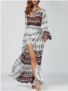 China Ethnic Print High Slit Bell Sleeve Wrap Dress Bohemian beach long woman dress factory