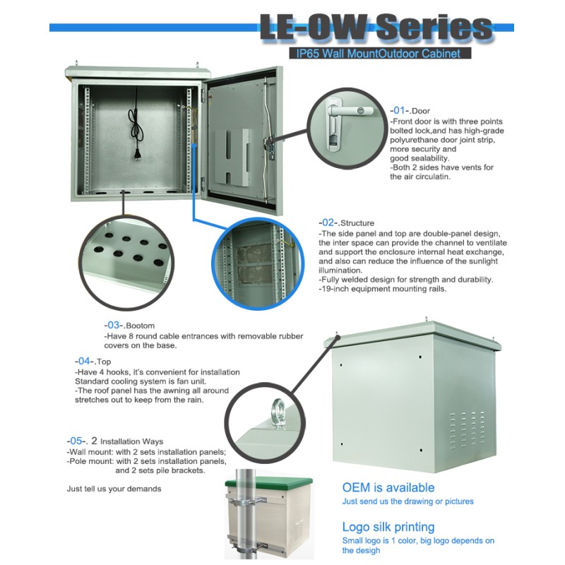 Durable Server Rack Cabinet 19 Inch 600mm Width 800mm Depth Outdoor Network Cabinet with IP65 Protection