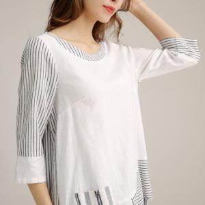 China Women Casual Linen Pullover Shirt  With Irregular Pockets and Bottom on sale