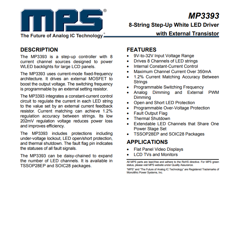 Electronic MP3393EF-LF-Z LED Driver IC 8 Output DC DC Controller Step-Up Boost Analog, PWM Dimming 28-TSSOP-EP