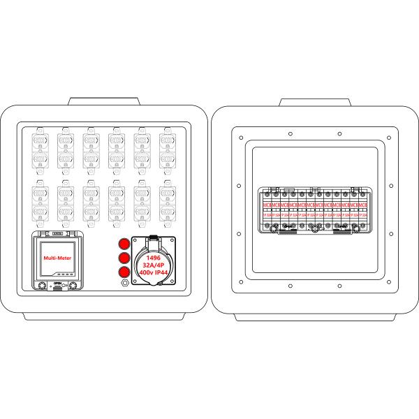 Syntax MD1 Three Phase 4P 32AMP HDPE Portable Distribution Box IP67 With 12 Nos UL Listed Nema Dual Sockets 430x380x460mm