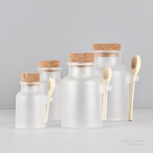 China Wholesale Frost ABS Plastic Bath Salt Container Jars with Wood Spoon and Cork Lid 100ml 200ml for Cosmetic Packaging on sale