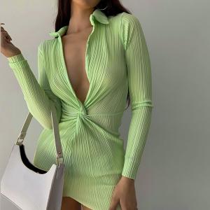 China Green Sexy Long Sleeve Mini Dress High Waist V Neck factory