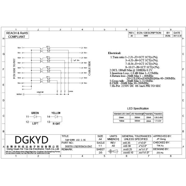 10P8C 2.5G RJ45 Ethernet Connector With Lamp Belt Wing Transformer