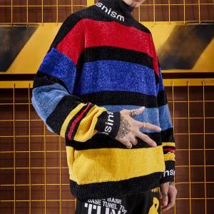 China small quantity clothing manufacturer Drop Shoulder Graffiti Rainbow Striped Sweater Chenille Ins Lazy Half Turtleneck factory