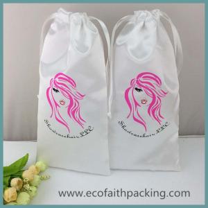 soft white satin drawstring gift bag with silk screen logo printing satin hair bag