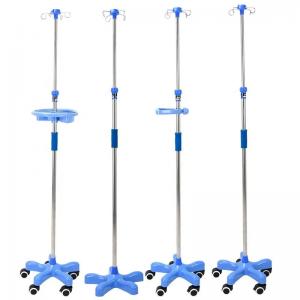 China Hospital Four Legged Mobile Stainless Steel Infusion Set IV Pole Drip Rack With Wheels factory