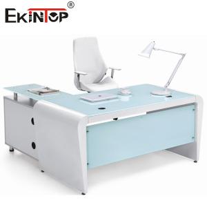 China Rectangle White Blue Office Computer Glass Desk Top With Drawers And Storage factory