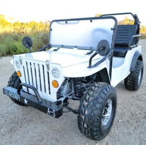 China White Mini Gas Golf Cart Jeep ELITE Edition Lifted With Custom Rims And Fender Flares factory