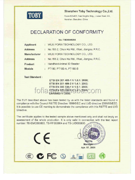 PVC 1342khz FDXB Middle Range Distance Eartag Cattle RFID Reader Compatible with Support Card Proximity Cards Feature