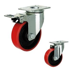 China Red Iron Core PU 100mm Medium Duty Casters With Dual Brake on sale